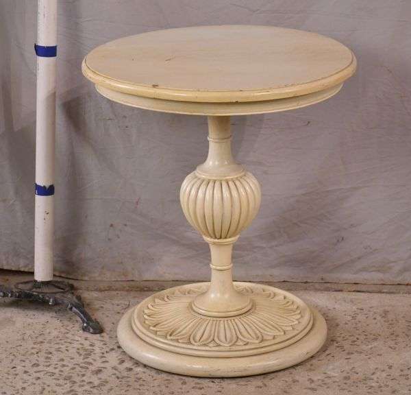 Round offwhite side table with carved pedestal base; 5510007 R.H. Lee & Co. Auctioneers