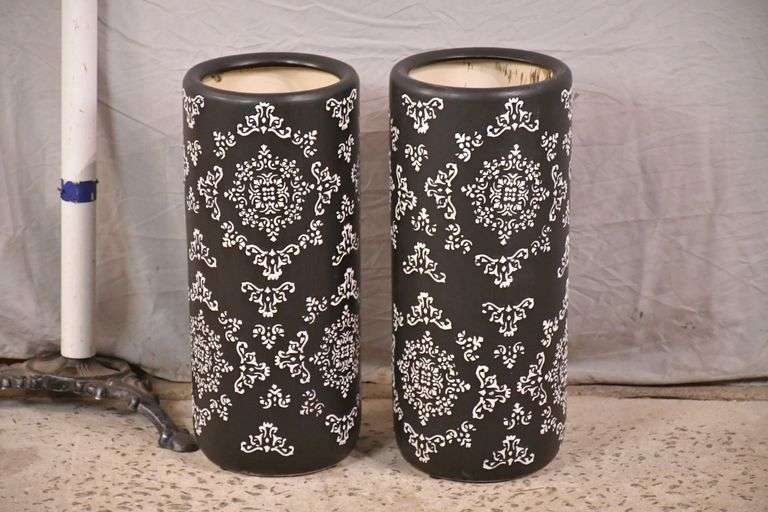 Pair of black & white ceramic umbrella stands; 672408 R.H. Lee & Co