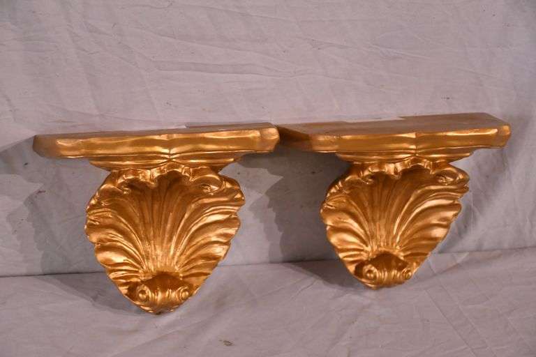 Pair of gold shell design wall sconces/shelves; 396-942 - R.H. Lee & Co