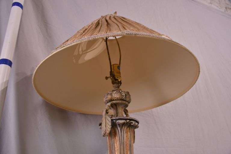 Large ornate distress decorated metal lamp with shade; 191378 R.H