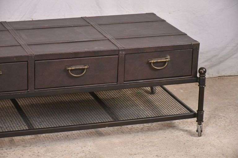 Thomasville leather coffee table with 3 drawers and 2 tier metal base