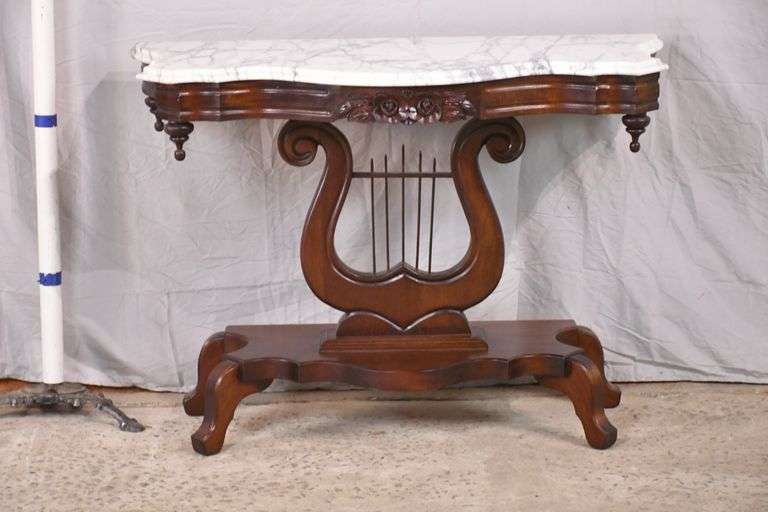 Carved Victorian style marble top console table with lyre base; 565017