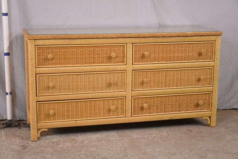 Henry Link wicker 6 drawer double dresser with protective glass top