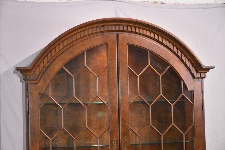 Large burl walnut arch top curio with 2 glass doors; 682147