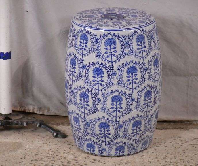 Blue and white Oriental style garden seat; 212296 R.H. Lee & Co