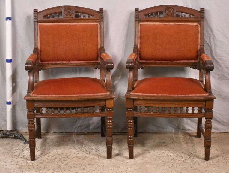 Pair of Eastlake style armchairs with turned legs and spindles; 336