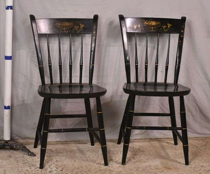 Pair of Nichols & Stone decorated black and gold spindle back chairs