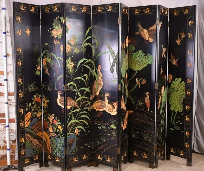 Large carved Oriental style 8 panel folding room divider; 14770007 R