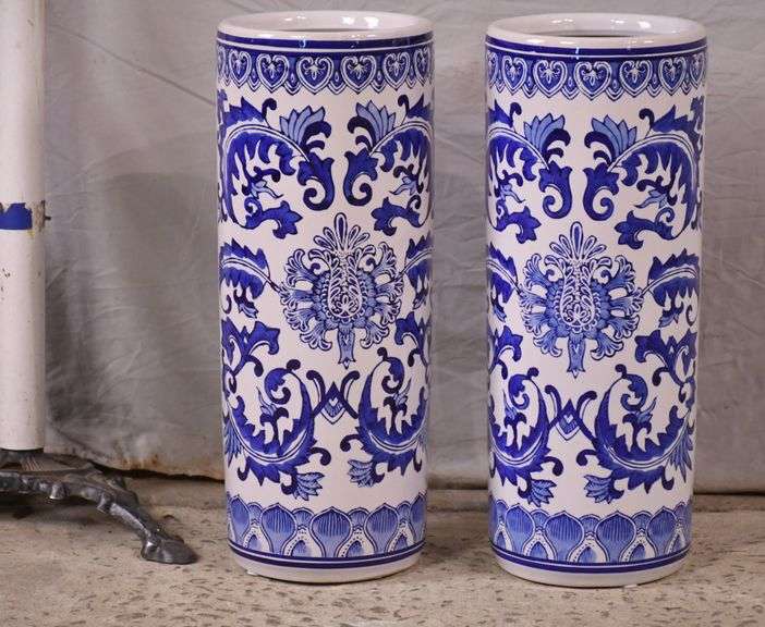 Pair of blue and white ceramic umbrella stands; 1149203 R.H. Lee
