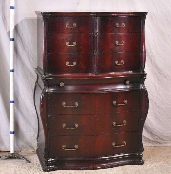 Union Furniture Company crotch mahogany chest on chest with serpentine