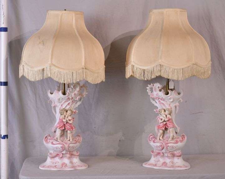 Pair of large porcelain figurine lamps with shades; 462007 R.H. Lee