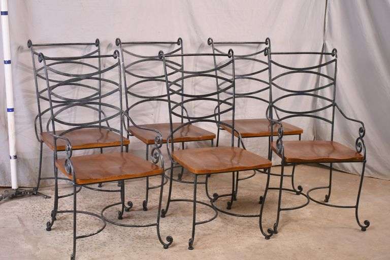 Set of 6 iron dining chairs with carved wood seats; 869322 R.H. Lee