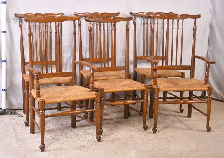 Set of 6 cherry spindle back dining chairs with rush seats; 10271002