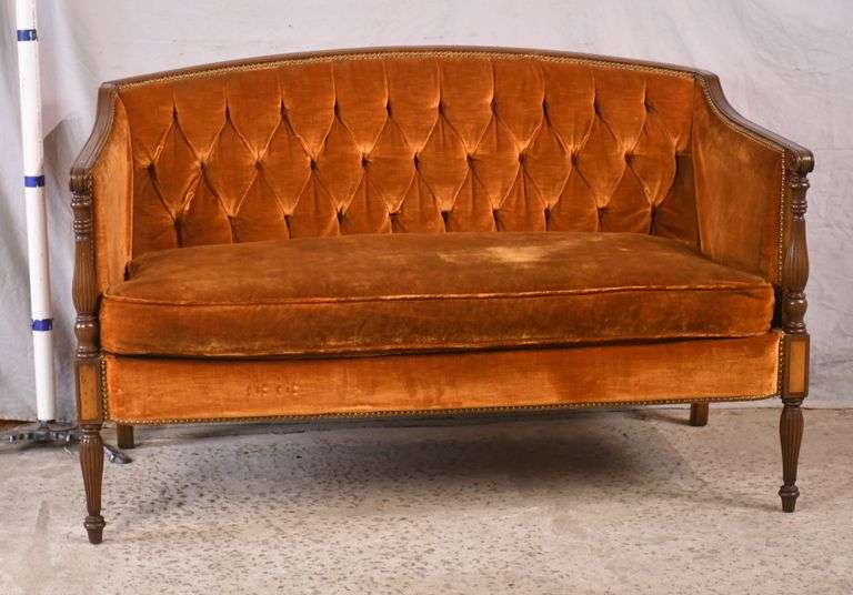 Hickory Chair inlaid mahogany Sheraton style loveseat with brass nail