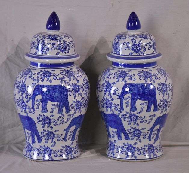 Pair of blue and white ceramic temple jars with lids; 1149234 R.H