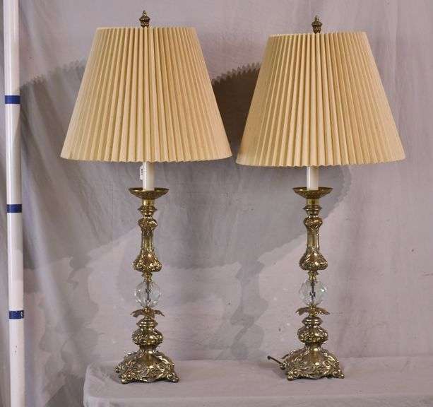Pair of large ornate gold metal and crystal lamps with shades; 1116201