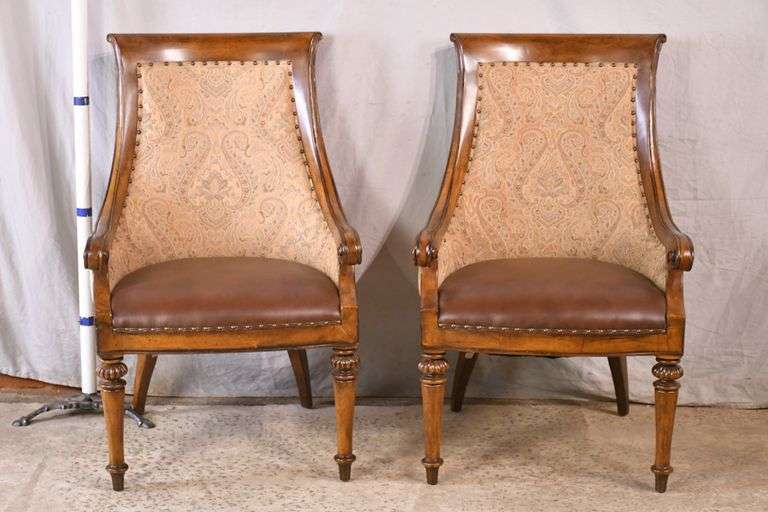 Pair of Thomasville accent chairs with leather seats and upholstered