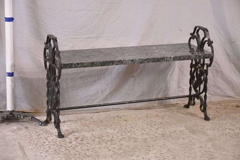 Ornate wrought iron side table with granite top; 6971120 R.H. Lee