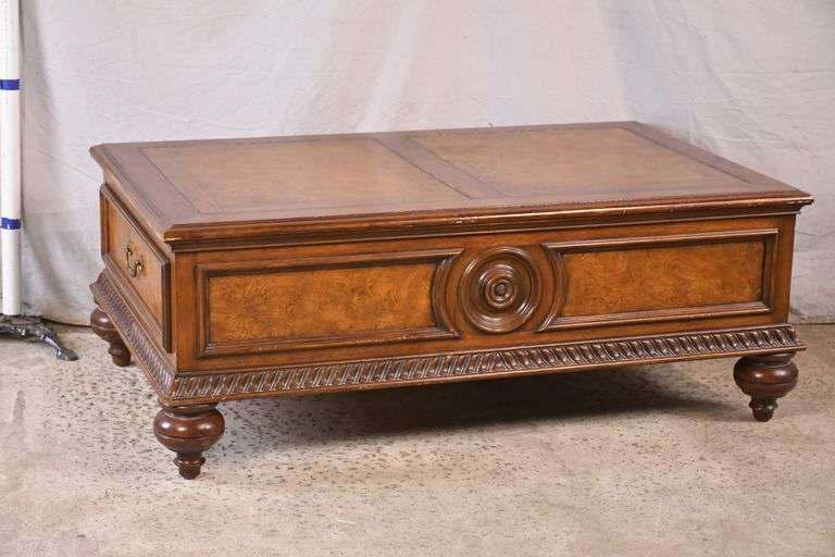 Ethan Allen large leather top coffee table with 2 drawers; 7410416 R