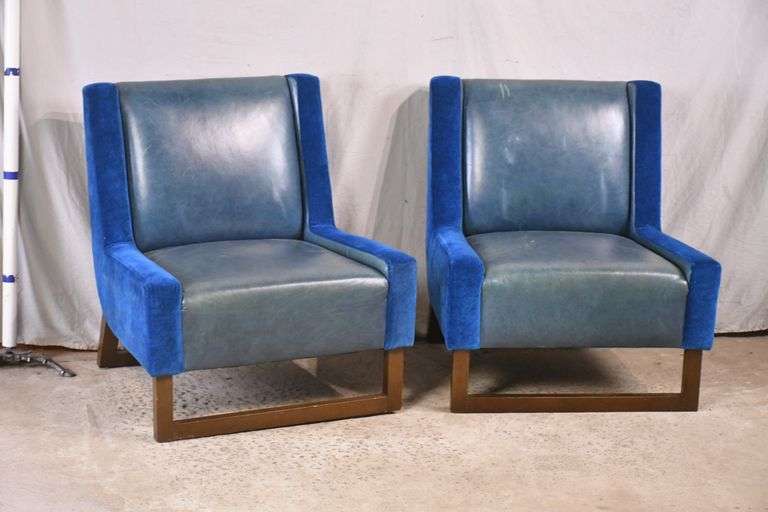 Pair of J. L. Furnishings midcentury style blue leather and velvet