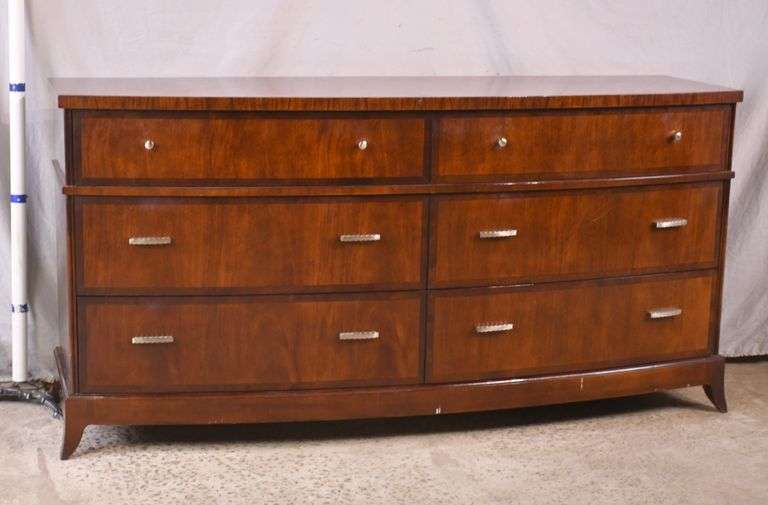 Hickory White inlaid mahogany 6 drawer bowfront double dresser; 74