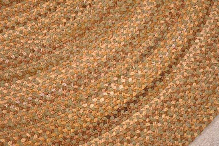 7x9 oval braided rug with olive green, gold, and brown colors; 666102
