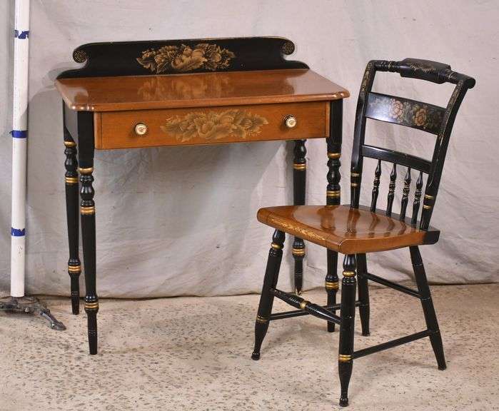 L. Hitchcock decorated single drawer writing table with matching chair; 13024457 R.H. Lee