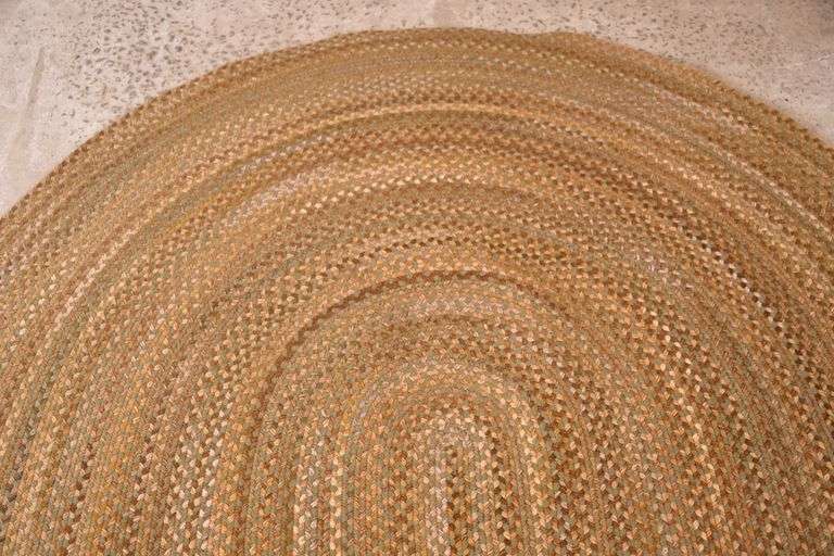7x9 oval braided rug with olive green, gold, and brown colors; 666102