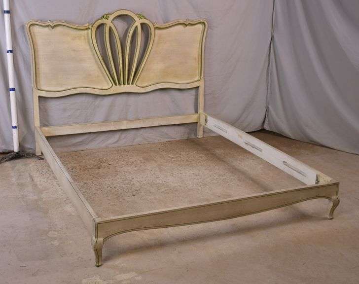 Offwhite and green French style full size bed with bolton rails; 68