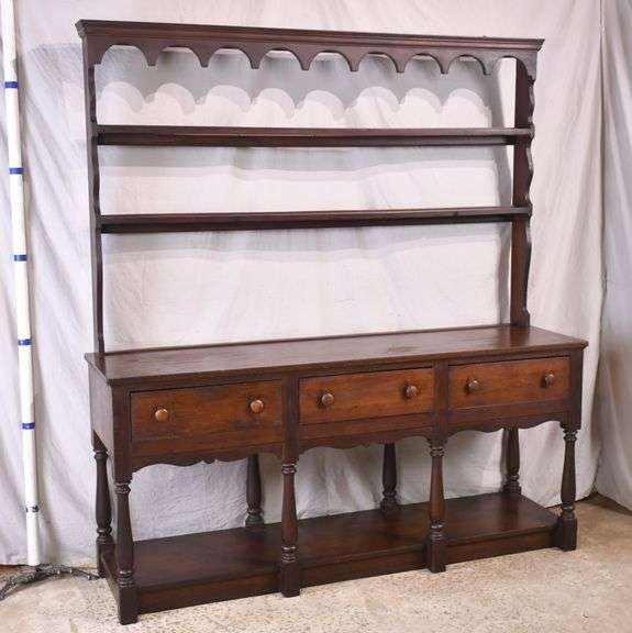 Early 3 drawer 2 tier sideboard with plate rack hutch top; 683513 R