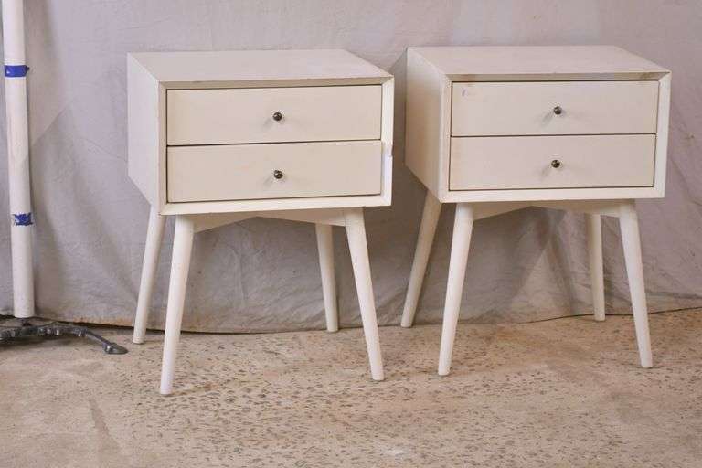 Pair of West Elm white midcentury style 2 drawer nightstands; 5510328
