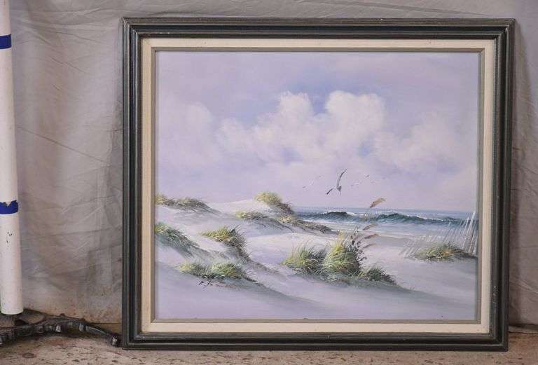 Framed beach scene painting on canvas; 1037559 R.H. Lee & Co