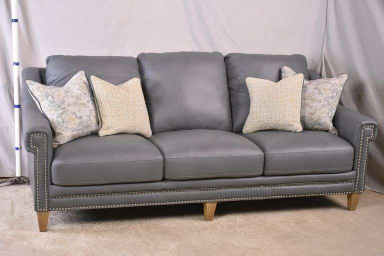 Blue-gray top grain leather sofa with silver nail head trim; 205-477 ...