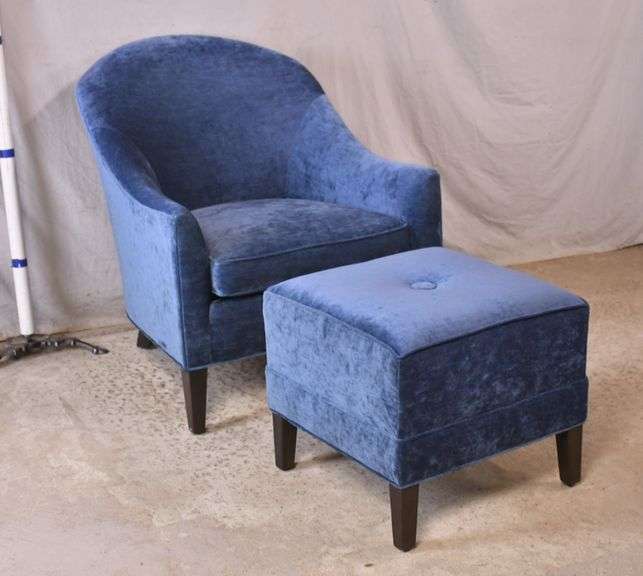 Ethan Allen blue upholstered armchair with ottoman; 683694 R.H. Lee & Co. Auctioneers