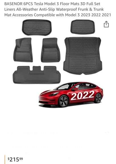 BASENOR 6PCS Tesla Model 3 Floor Mats 3D Full Set Liners All Weather 