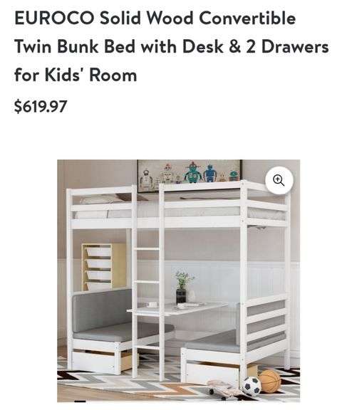 Euroco Soild Wood White Convertible Twin Bunk Bed with Desk Lexington