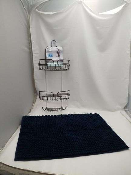 2'x17" Navy Bath Mat & Zenna Home Shower Caddy - Lexington Online Auction
