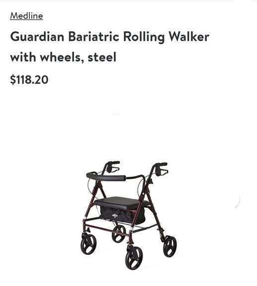 Medline Guardian Bariatric Rollator Heavy Duty Walker With Wheels