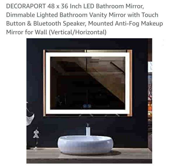 DECORAPORT 48 x 36 Inch LED Bathroom Mirror, Dimmable Lighted Bathroom