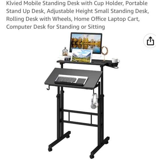 Klvied Mobile Standing Desk with Cup Holder, Portable Stand Up Desk