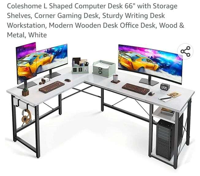 Coleshome L Shaped Computer Desk 66" with Storage Shelves, Corner