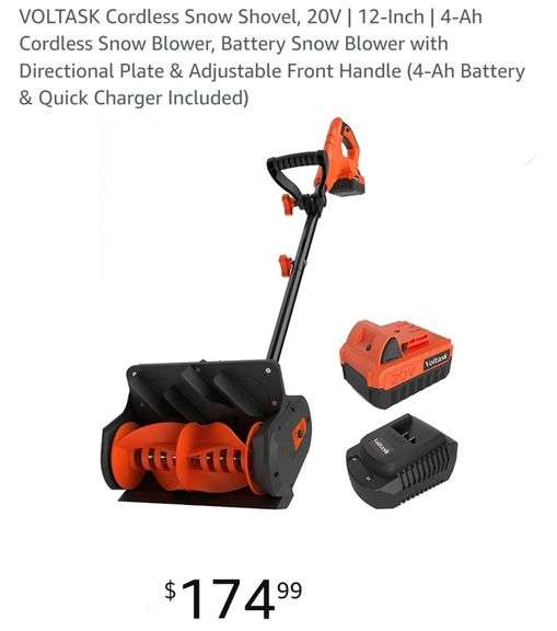 VOLTASK Cordless Snow Shovel, 20V 12Inch 4Ah Cordless Snow Blower