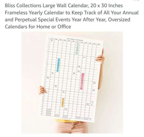 Bliss Collections Large Wall Calendar, 20 x 30 Inches Frameless Yearly Calendar to Keep Track of