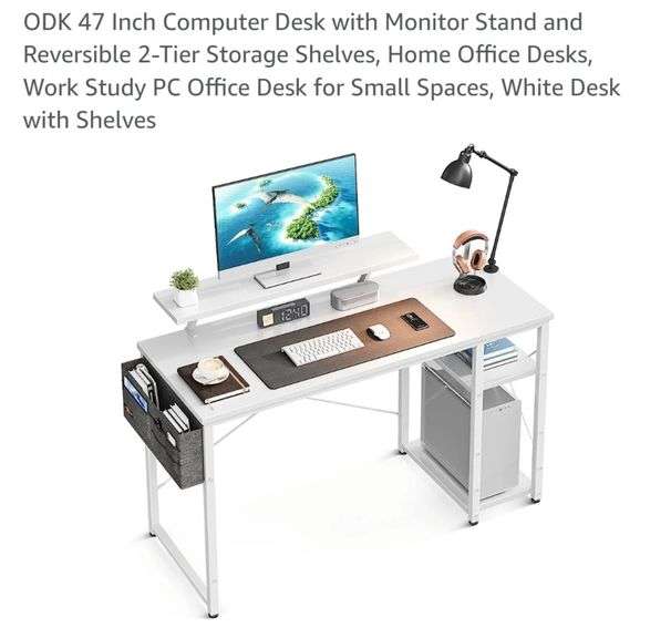 ODK 47 Inch Computer Desk with Monitor Stand and Reversible 2Tier