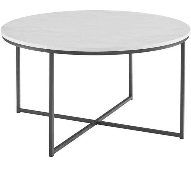 Walker Edison Cora Modern Round Faux Marble Top Coffee Table with X