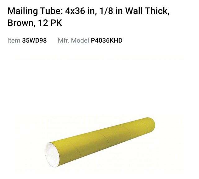 Mailing Tube 4x36 in, 1/8 in Wall Thick, Brown, 12 PK Lexington