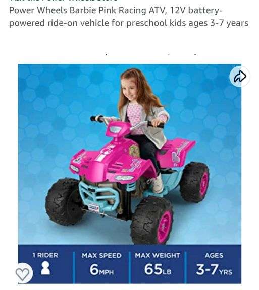 Power Wheels Barbie Pink Racing ATV, 12V batterypowered rideon