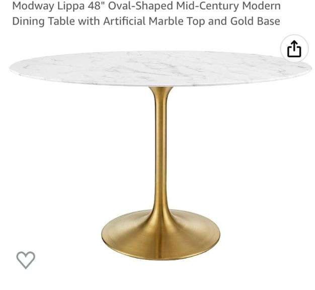 Modway Lippa 48" OvalShaped MidCentury Modern Dining Table with Artificial Marble Top and Gold
