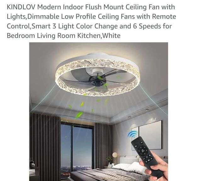 KINDLOV Modern Indoor Flush Mount Ceiling Fan with Lights,Dimmable Low