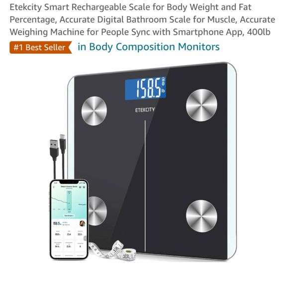 Etekcity Smart Rechargeable Scale for Body Weight and Fat Percentage, Accurate Digital Bathroom